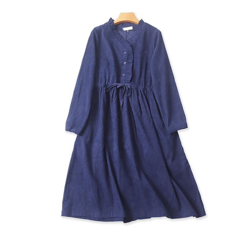 

Wooden Ear Corduroy Long Sleeves Dress Fall and Winter New Arrival Shoelace Female Button Half Cardigan Long Dress 23503 Deep Blue S