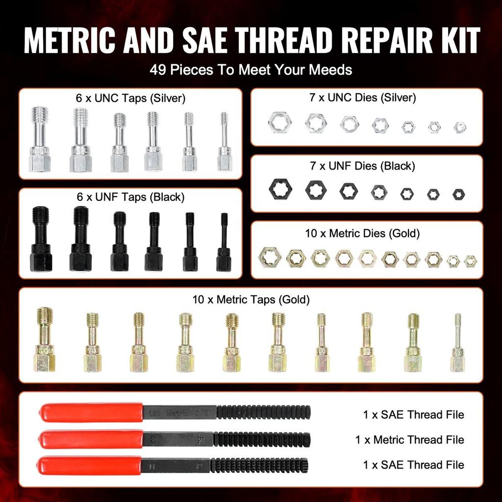49PCS Thread Chaser Set UNC UNF Metric Thread Restorer Tool Rethreading