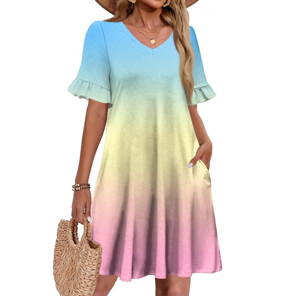 Damen A-Linie Sommerkleid Kurzarm V-Ausschnitt Bedrucktes Kleid Mit Taschen