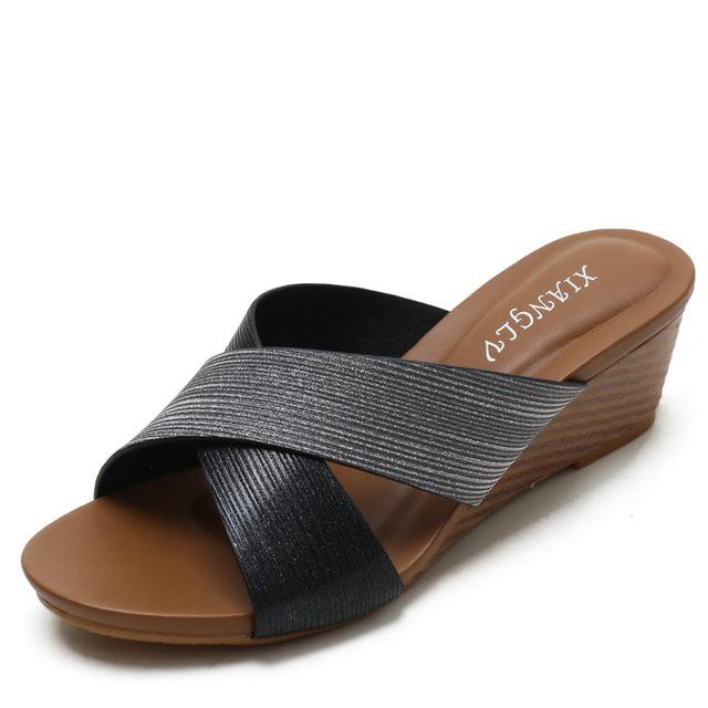 Plus Size 36 -44 45 Women Wedges Sandals Slippers Med Heel X Cross Strap Female Big Size Modern Slides Summer Shoes  New