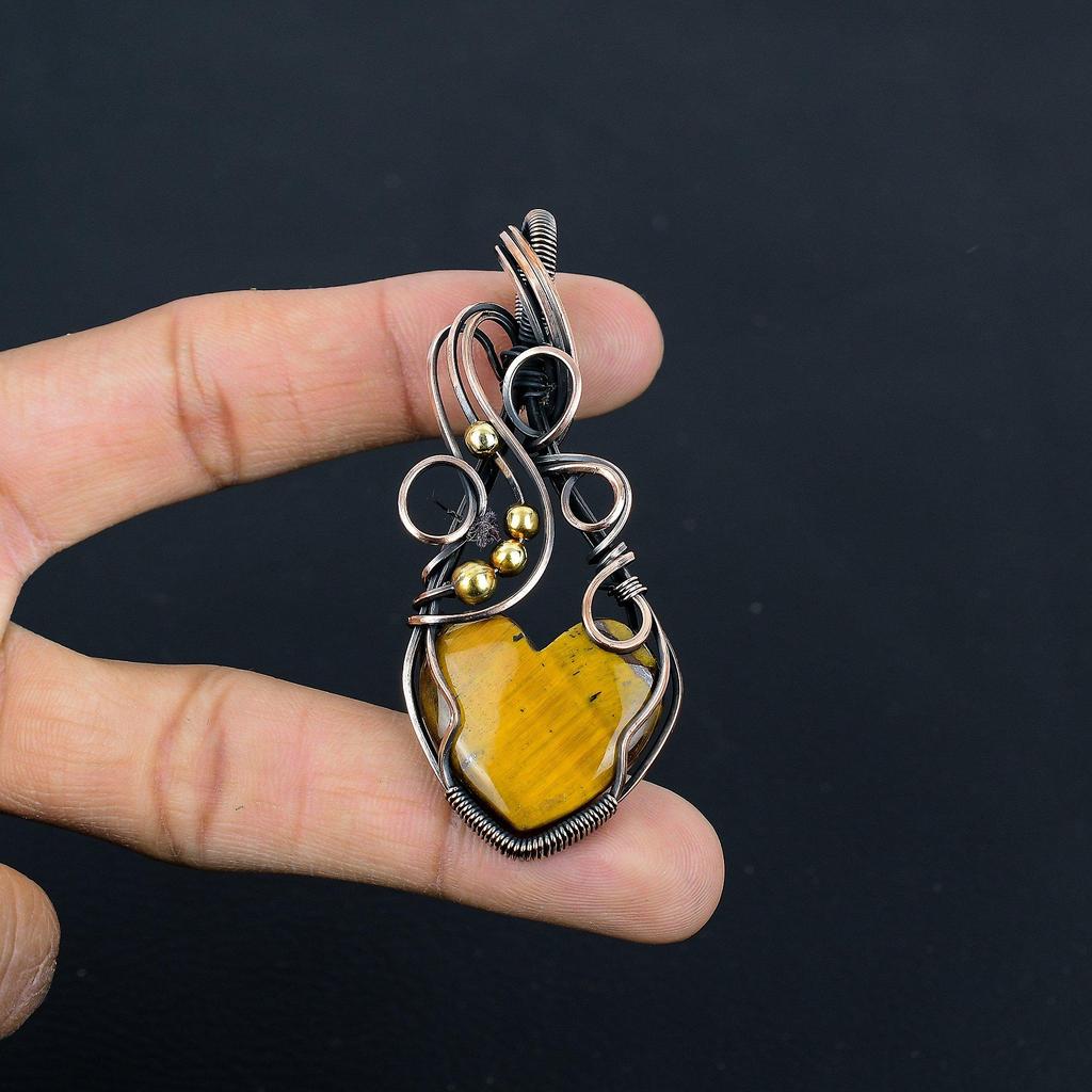 Tiger Eye Pendant, Handmade Gemstone 999 Copper Wire Wrapped Pendant Antique Jewelry, For Gift Silver Jewelry