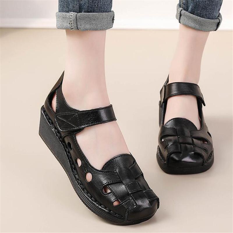 Cowhide Retro Wedges Women's Sandals Women's Summer New Soft Soled Genuine Leather Mother's Shoes Slip Comfort Female Shoes