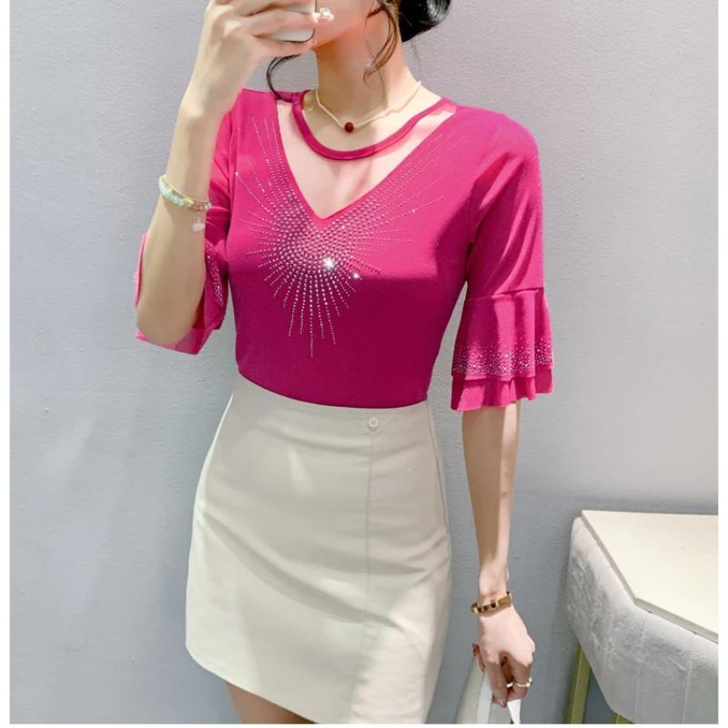 Summer New Women's Flare Sleeve T-shirt O-Neck Luxury Diamonds Tops High Quality Girl Shiny Mesh Tees