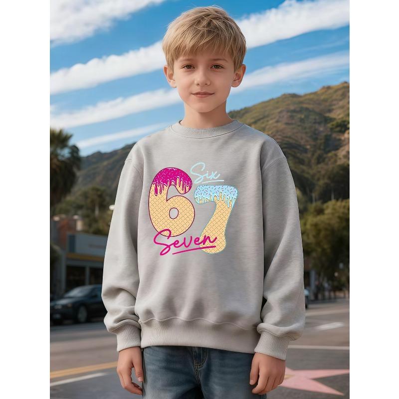 Children's clothing kids unisex Crew Neck Sweatshirt, Number Birthday Theme Sweatshirt, Fun Donut Number 67 Pattern, Unisex Holiday