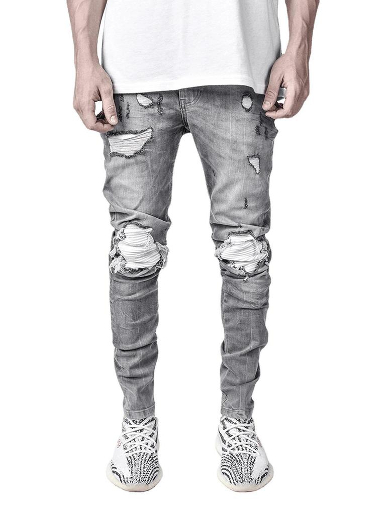 Trendy Men's European Stretch Motorcycle Black Ripped Denim Jeans