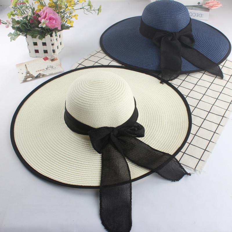 Lady Casual Wide Brim Straw Hat Big Bowkno Summer Fashion Sun Hats Beach Flat Panama Beach Cap Black Bow for Women Accessories