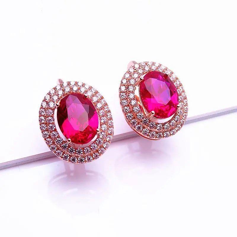 Exquisite Russian Purple Gold Inlaid Redstone Luxury Full Diamond Temperament High-End Fashion Classic Rose Gold Plated Earrings