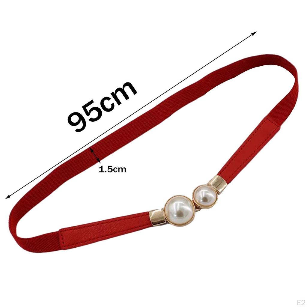 Double Pearls Buckle Waist Belt, Women Retro Elastic Skinny Belt for Dress