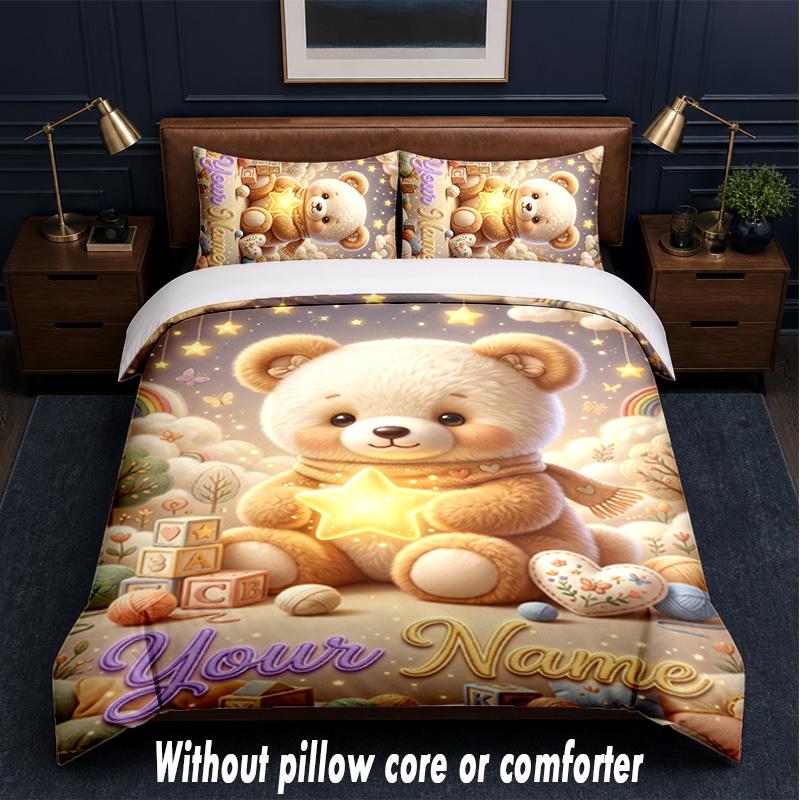 Teddy Bear Theme Custom Text Or Name 3Pcs Bedding Set,1 Flat Sheet & 2 Pillowcases Personalized Home Bedding