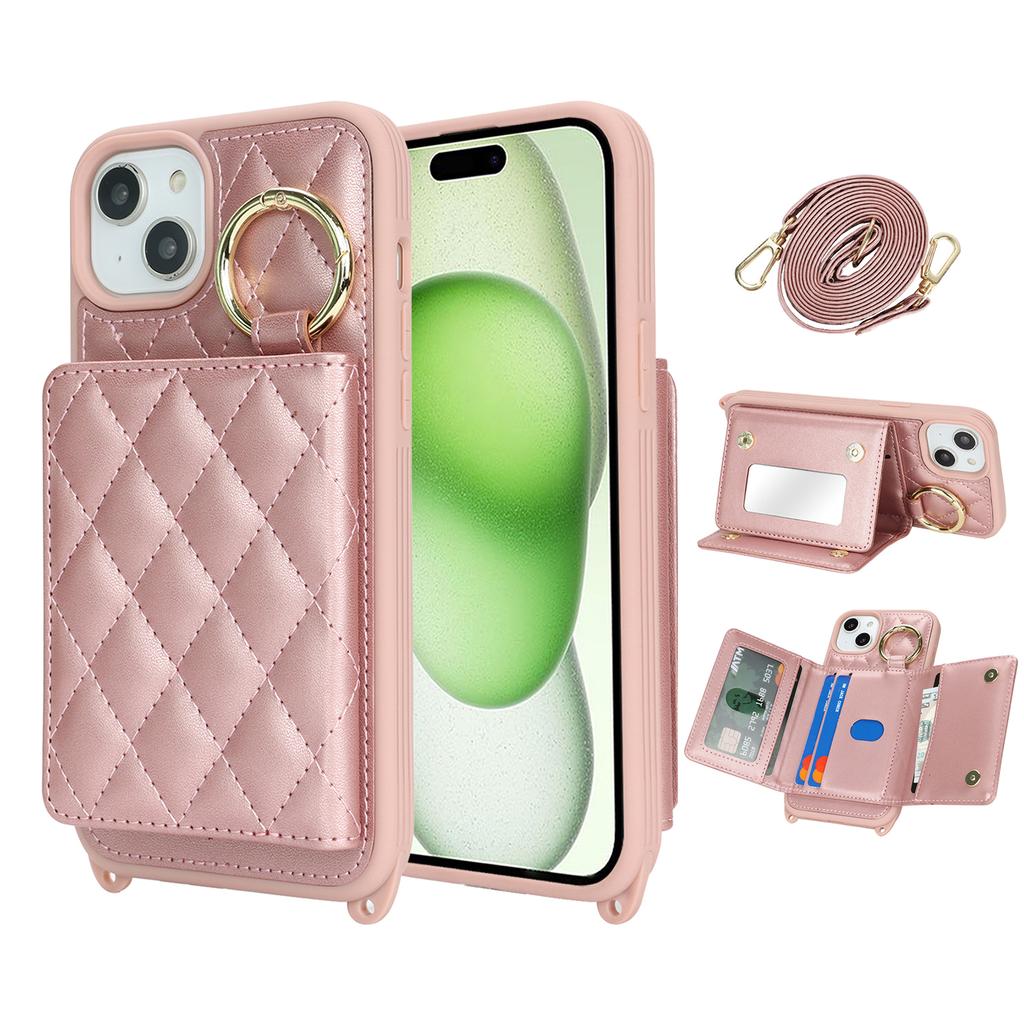 For iPhone 15 Plus/14 Plus Case with Lanyard/Mirror/Card Holder Grids Pattern RFID Blocking Phone Cover