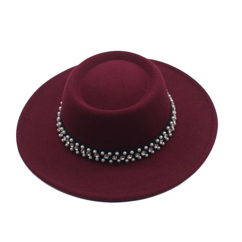 European and American New Autumn and Winter Wool Woolen Big-brimmed Jazz Hat Female Concave Top Black Top Hat Pearl Rhinestone Felt Hat