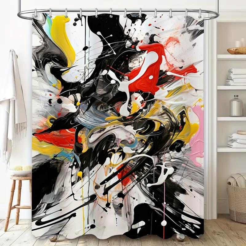Abstract Black Red White Yellow Splash Shower Curtain for Bathroom Decor Waterproof Fabric with Rings Set