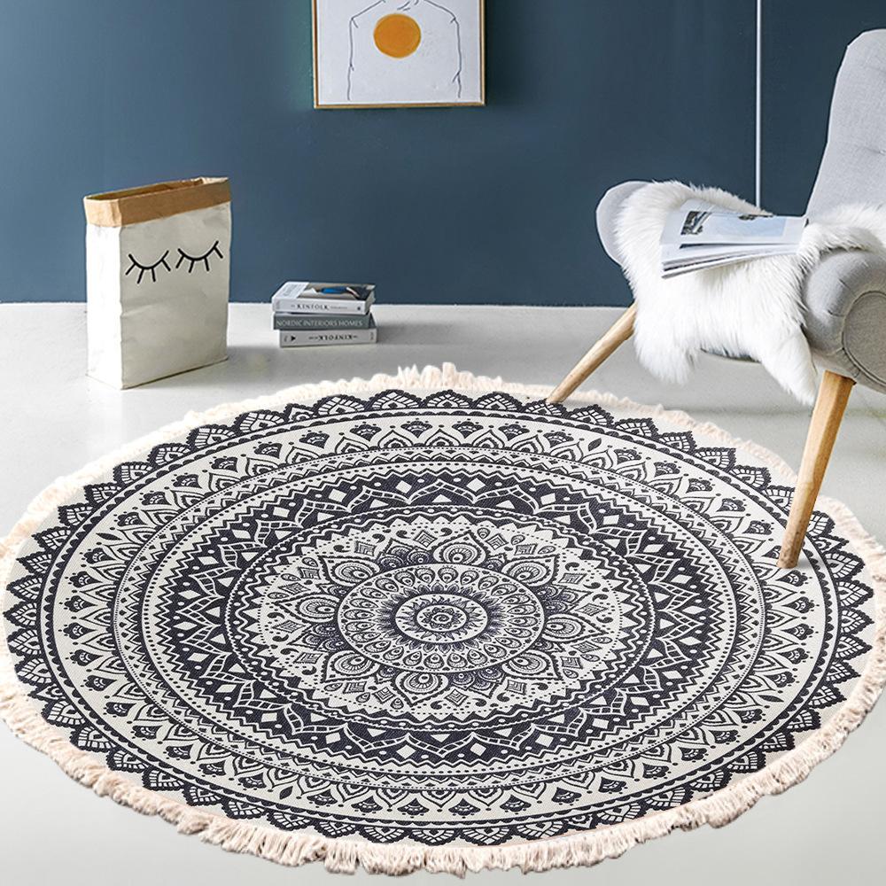 Retro Boho Rund Teppe med Dusk Dør Gulvmatte Bomullslinteppe Home Decor
