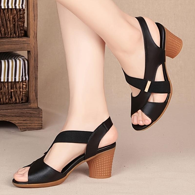 

Summer Comfortable Women s Sandals, Mid-Heel Fish Mouth Slip-On Shoes, Chunky Heel High Heels, Solid Color Simple Style 36 чёрный