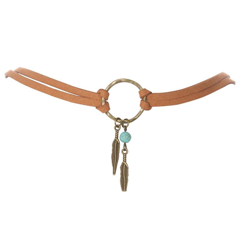 Women Bohemian Choker Boho Feather Bead Pendant Brown Leather Chain Necklace Lady Jewelry Party Gift