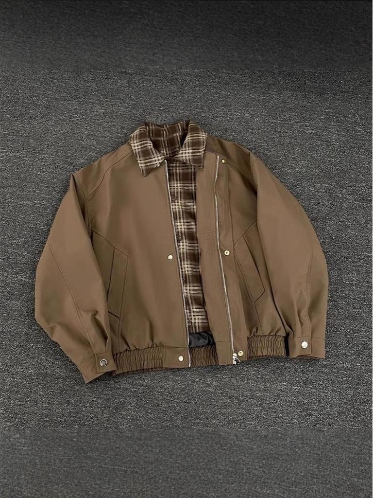 Men's Retro Plaid Patchwork Flight Jacket - Brown Casual Baseball Style