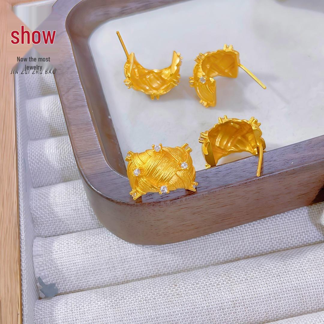 Diamond-Studded Gold Woven Earring Studs - Elegant and Versatile Fashion Accessories