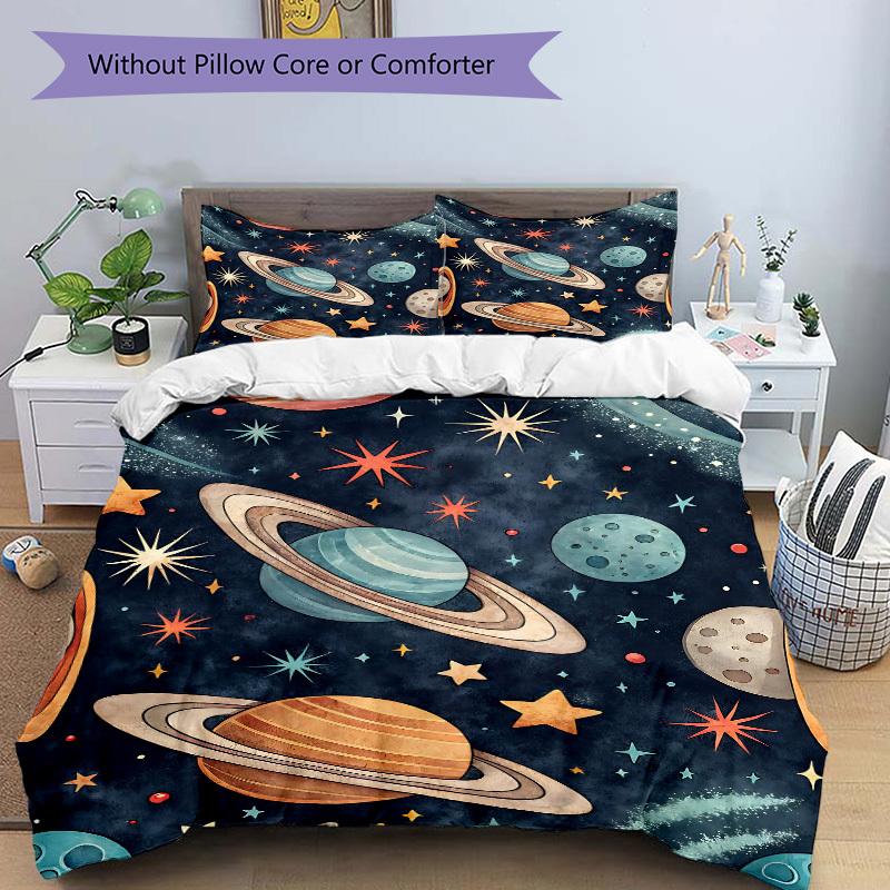 3pcs Galaxy Planets Bedding Set, Includes Without Pillow Inserts, Soft Comfortable Bedding Set,All-Season Use a0924076