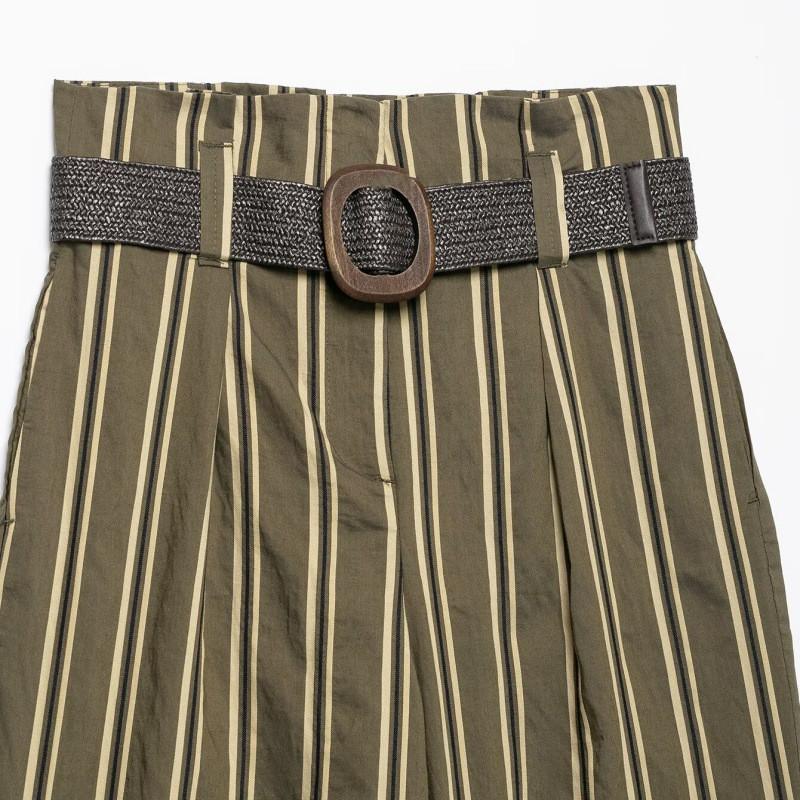 Womens Striped Straight Leg Trousers With Waist Belt Olive Green Casual Pants 2026
