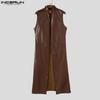 INCERUN Men Stand Collar Sleeveless PU Faux Leather Open Front Casual Long Maxi Cardigan Coats