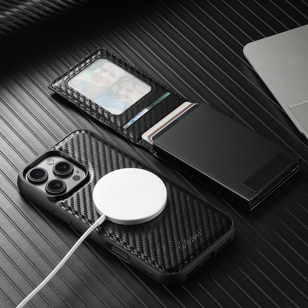2 in 1 Detachable Magnetic Metal Card Holder Carbon Fiber Case for iPhone 17 Pro max 16 15 14 13 12 Shockproof For Magsafe Cover