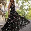 Women Sexy Sleeveless Backless Deep-V Embroider Floral Print Party Maxi Dress