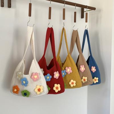 Mori Style Knitted Shoulder Bag for Women Fresh Flower Design Beach Tote Handbag KTB