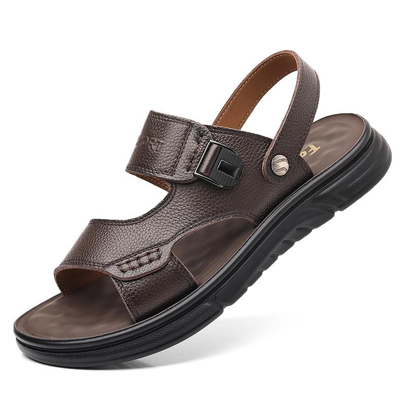 Leather sandals men's trendy first-layer cowhide beach shoes men's non-slip wear-resistant slippers soft-soled middle-aged and elderly dad shoes