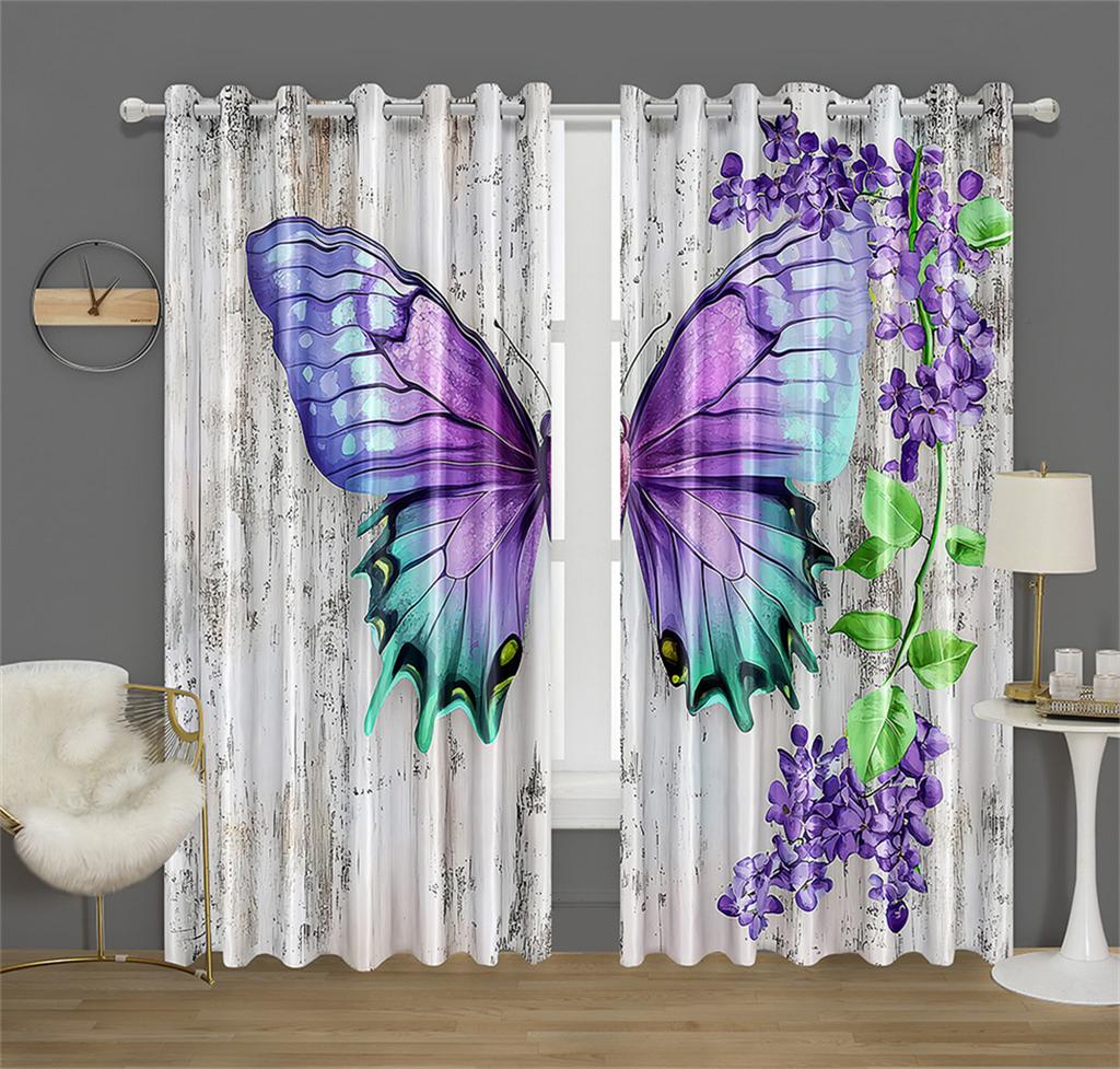 Fleur de Glycine Papillon Décor de Cuisine Rideau Fond Style Mur Feuille Verte Convient Décor Salon Chambre 2 Panneaux