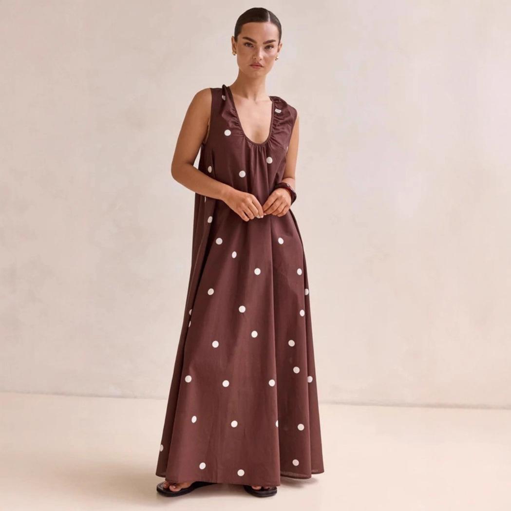 Women Sleeveless Scoop Neck Polka Dot Maxi Dress Casual Loose Fit Summer Dress S