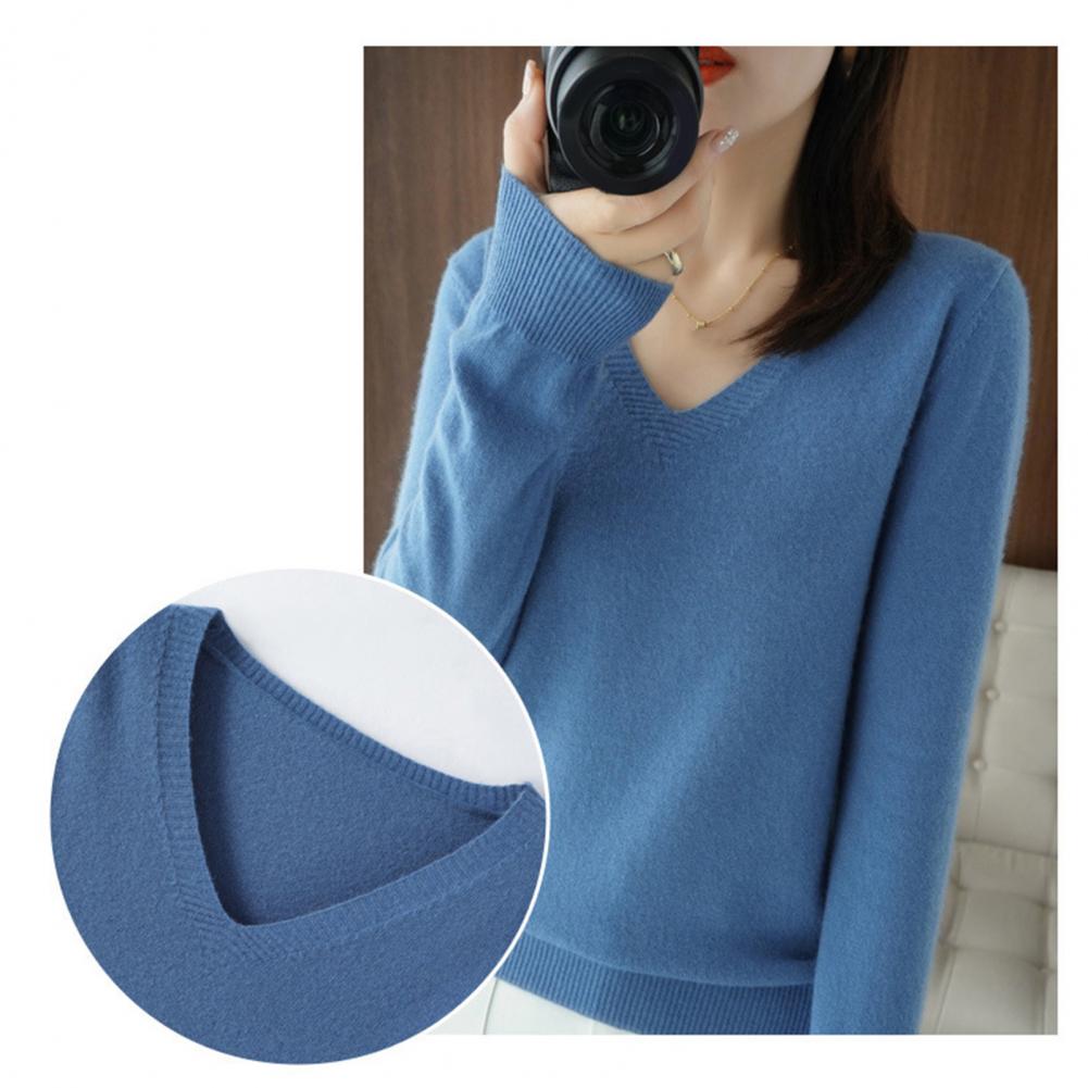 Long Sleeve Sweater Women's V-neck Knit Sweaters Stylish Long Sleeve Pullover Tops with Ribbed Trim for A Chic Elegant Look