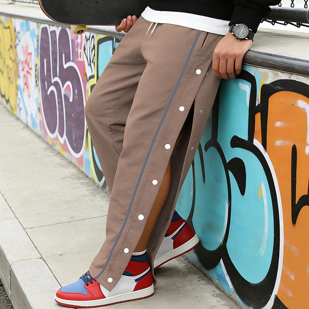 Men's Solid Color Trousers Men's Single Breasted Striped Loose Sweatpants