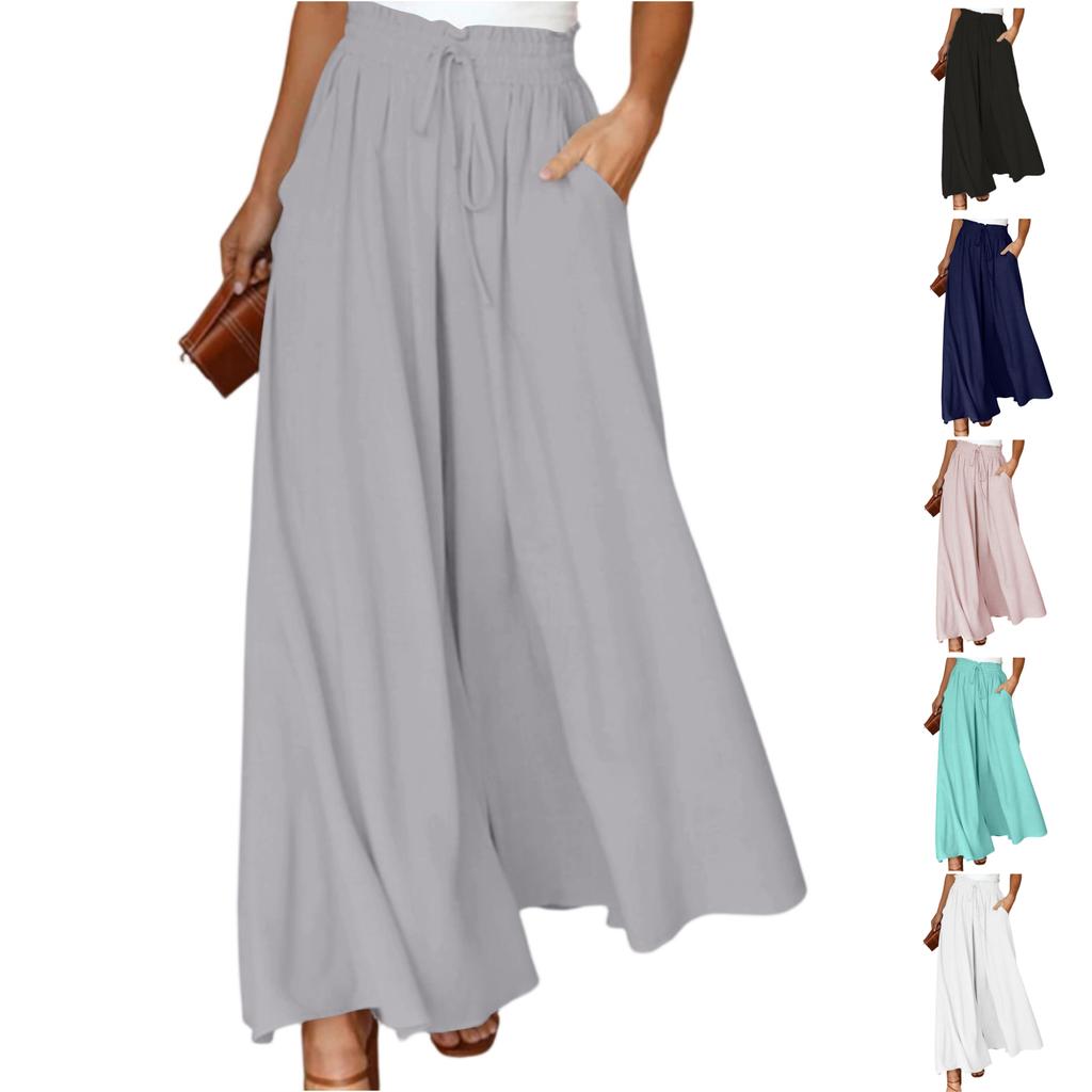 Women's Casual Fashion Elastic Waistband Wide Leg High Waist Long Skirt Pants