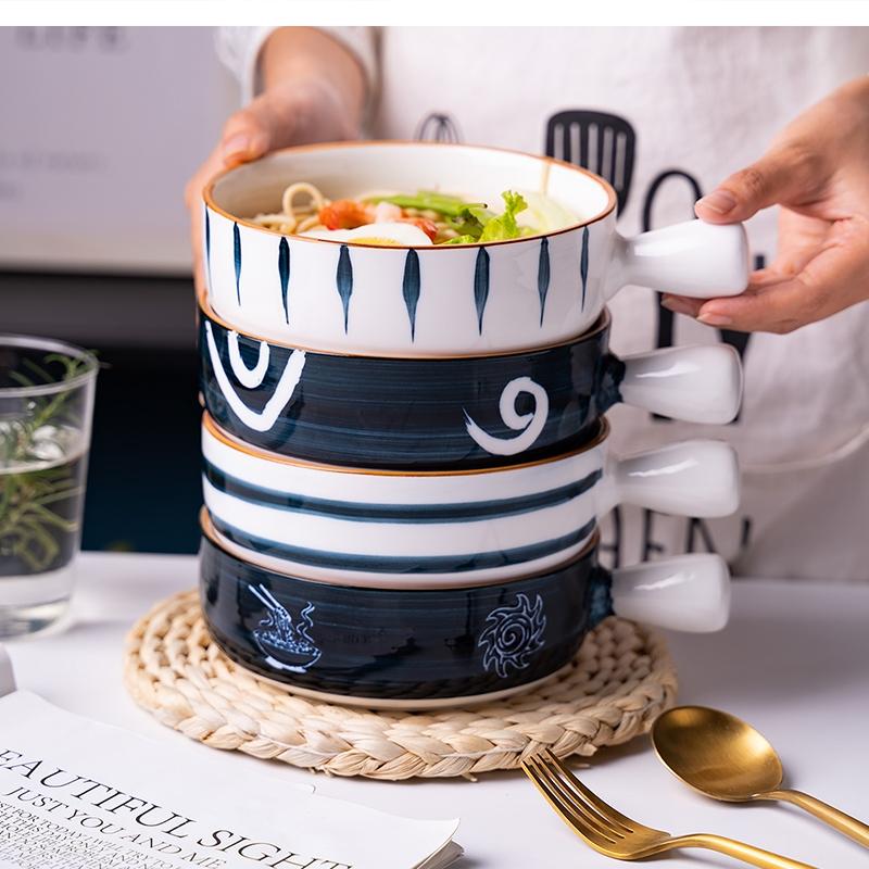 650ml Art Ceramic Dish Handle Round Soup Noodle Kitchen Dessert Tableware