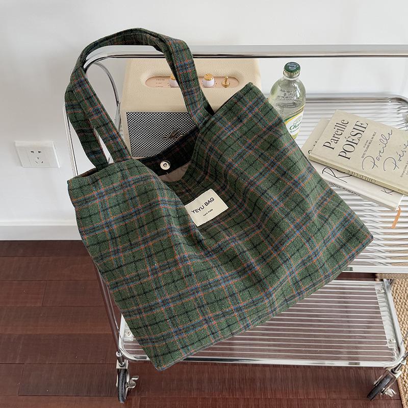 Autumn Ctrast Color Plaid Woolen Shoulder Bags for Women Retro Large Capacity Ladies Tote Bag Casual Travel Female Handbags