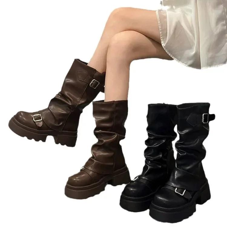 Mid Length Boots for Women 2025 New Style Thick Soled Height Increasing Short Boots, Fashionable Retro Anti Slip Leather Boots