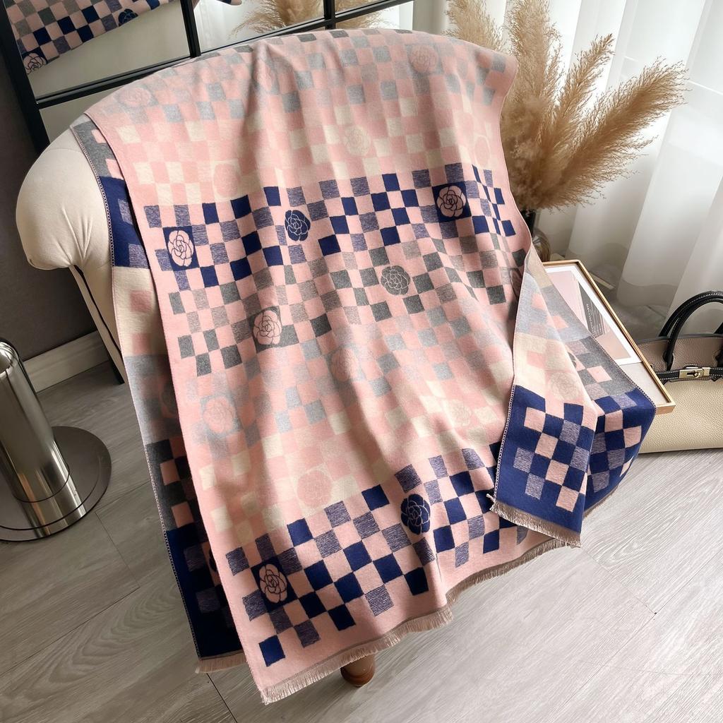 Korean Version Plaid Camellia Fashion Decoration Medium And Long Imitation Cashmere Women'S Thermal Scarf Air Conditioner Shawl