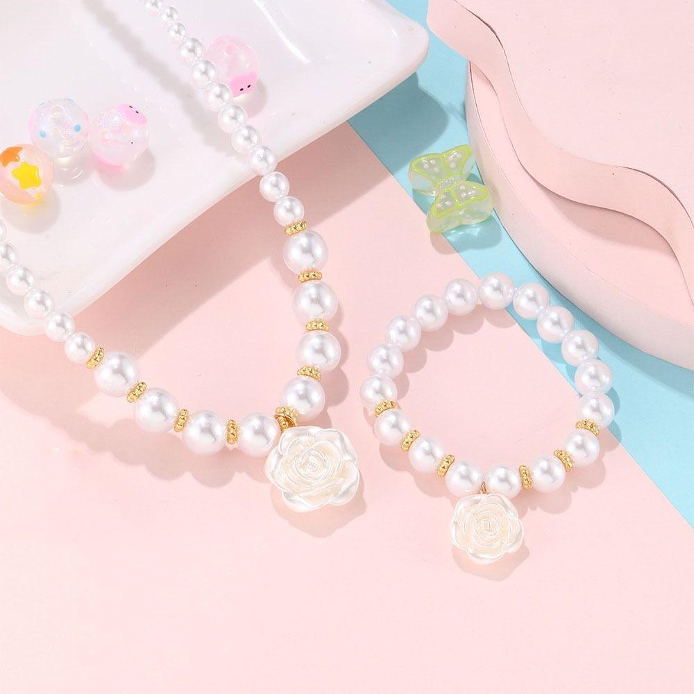 Flower Charm Pearl Elastics Bracelet Acrylic Necklace Bracelet Ring  Gifts