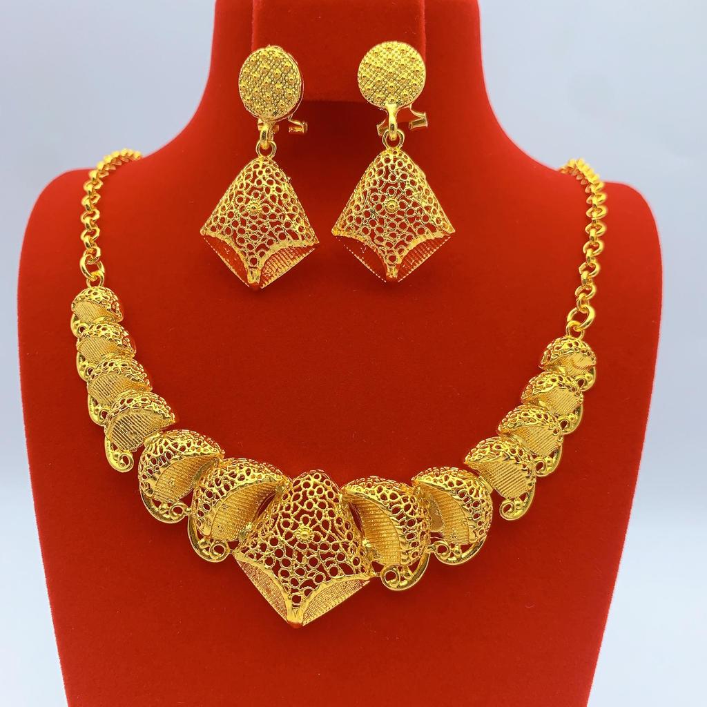 Gold-Plated Brass Flower Necklace & Earrings Set for Women's Wedding Jewelry