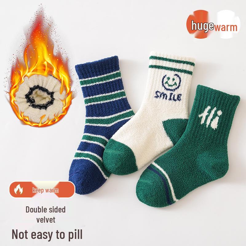 3-Pack Children's Cocoa Cat Terry Socks: Thickened, Warm Winter Mid-Calf for Boys & Girls