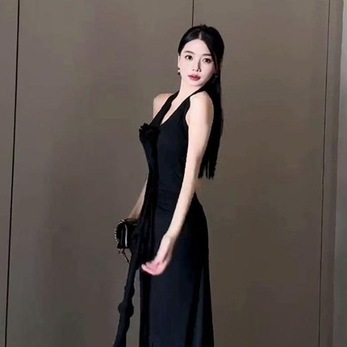 French Red Neck Sling Women's Clothing Summer New Spice Girl Sexy Backless Temperament Waist Dress