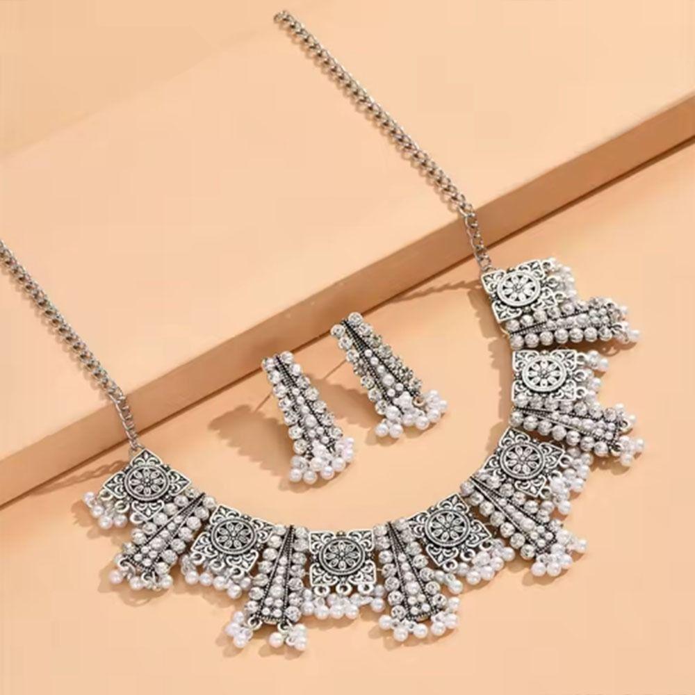Ethnic Style Necklace Earrings Set Rhinestone Inlaid Women Jewelry Set  Women