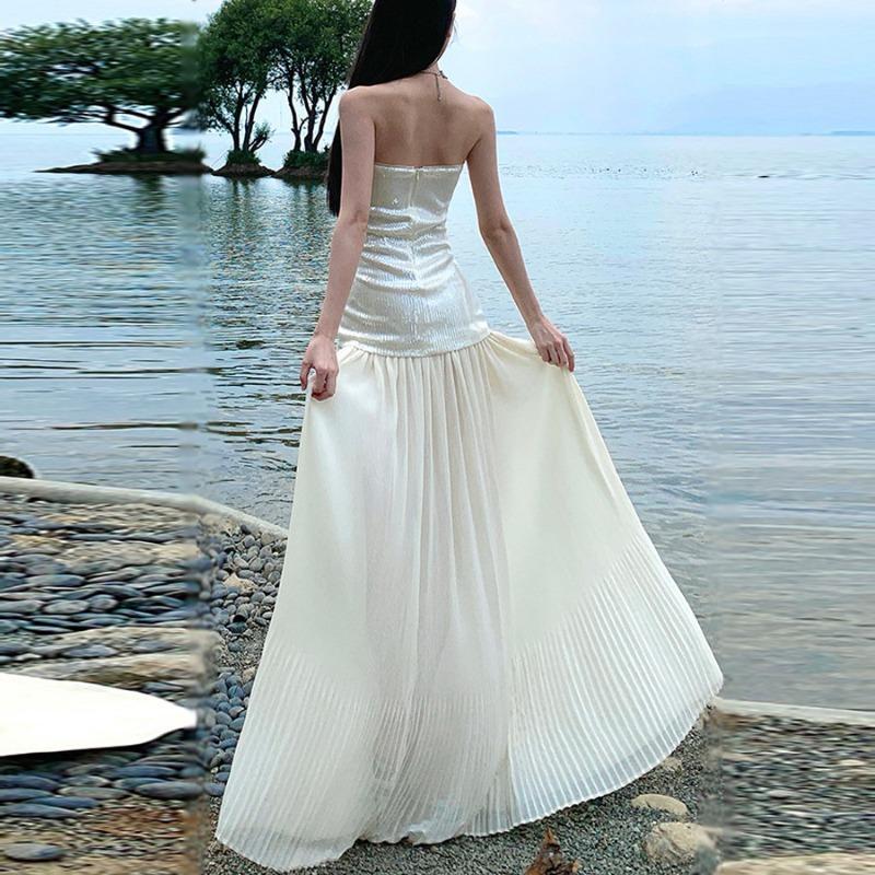 Seaside Vacation Long Dress Summer High Sense Socialite Mopping Chiffon Dress Tube Top Sequined Dress Women