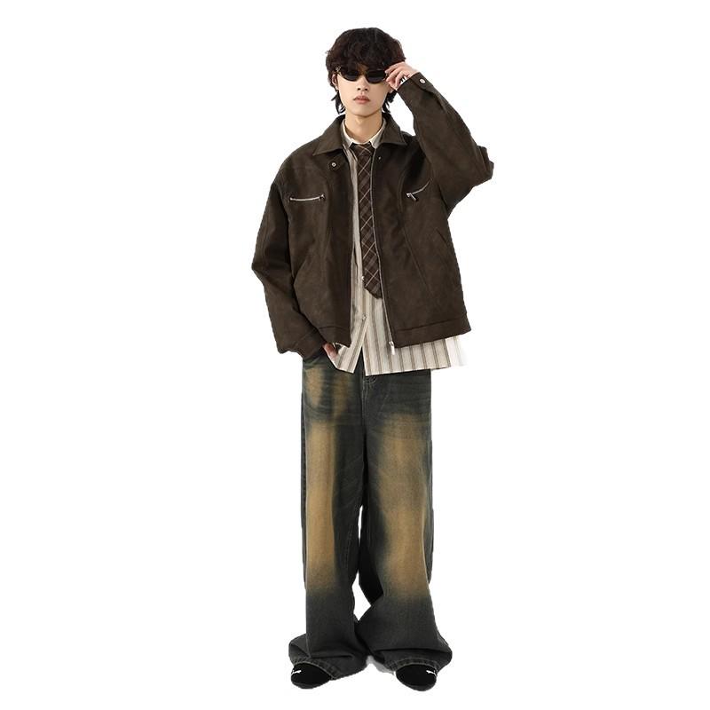 Men's Vintage Washed PU Leather Motorcycle Jacket - Loose Fit, High-End Vibe, Spring/Autumn