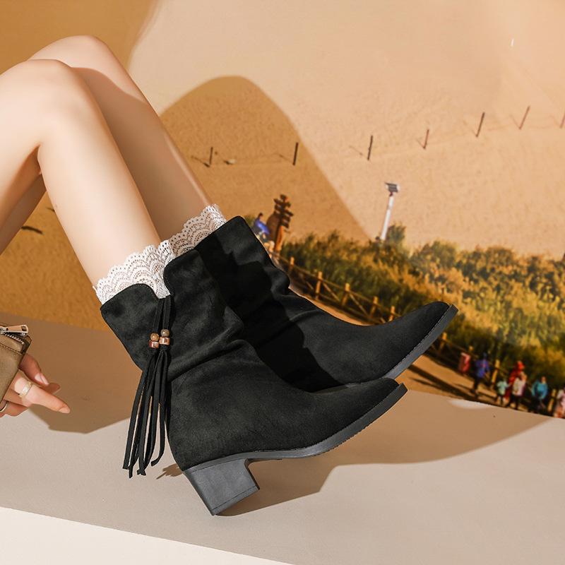 Suede pointed short boots high-heeled fashion boots 2025 autumn and winter new velvet short boots elastic thin boots socks boots