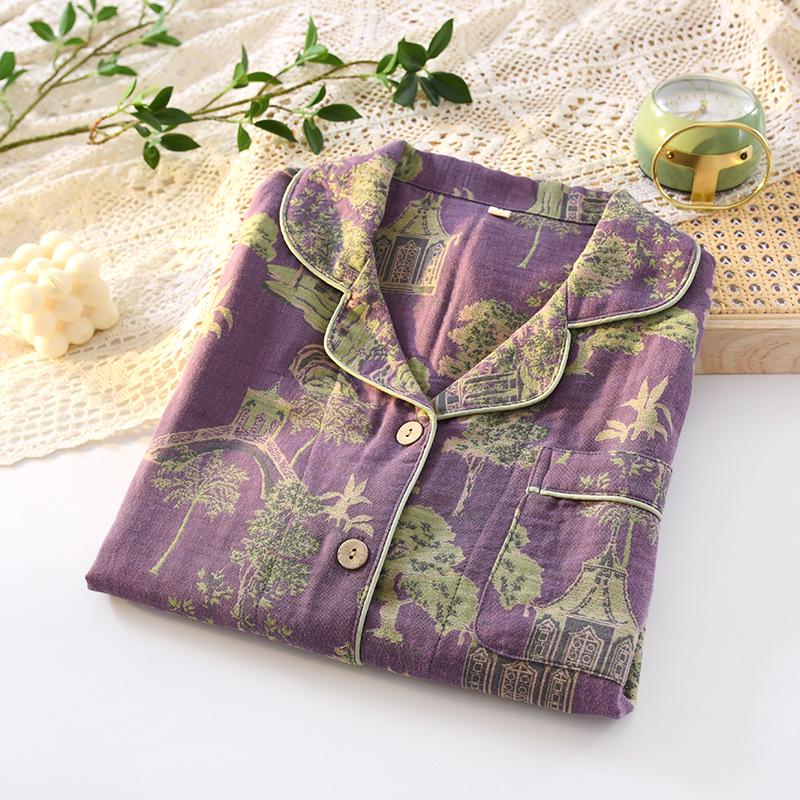 Floral Jacquard Cotton Cardigan & Loungewear Set for Middle-Aged Women