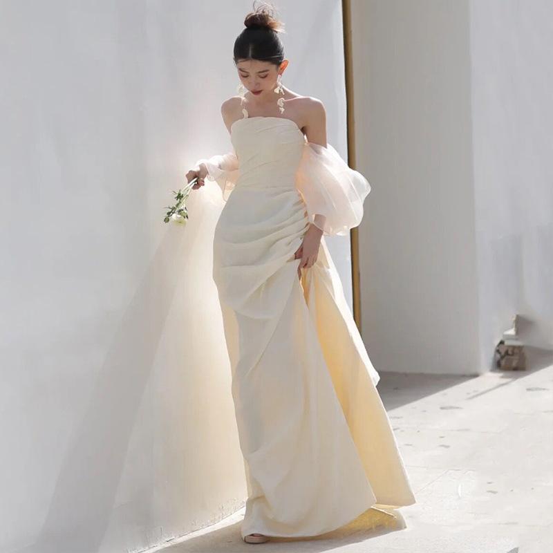 French tube top light wedding dress temperament spring new Mori satin welcome dress fishtail thin dress