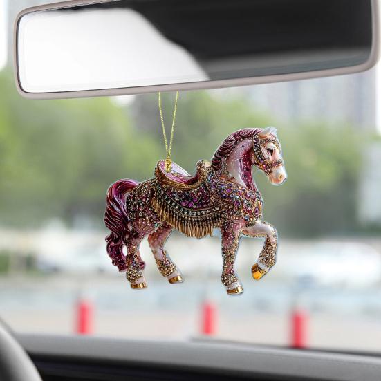 Christmas Horse Ornaments 2D Acrylic Hanging Pendant Car Mirror Charm for Home Decor Keychain And Bag Accessory