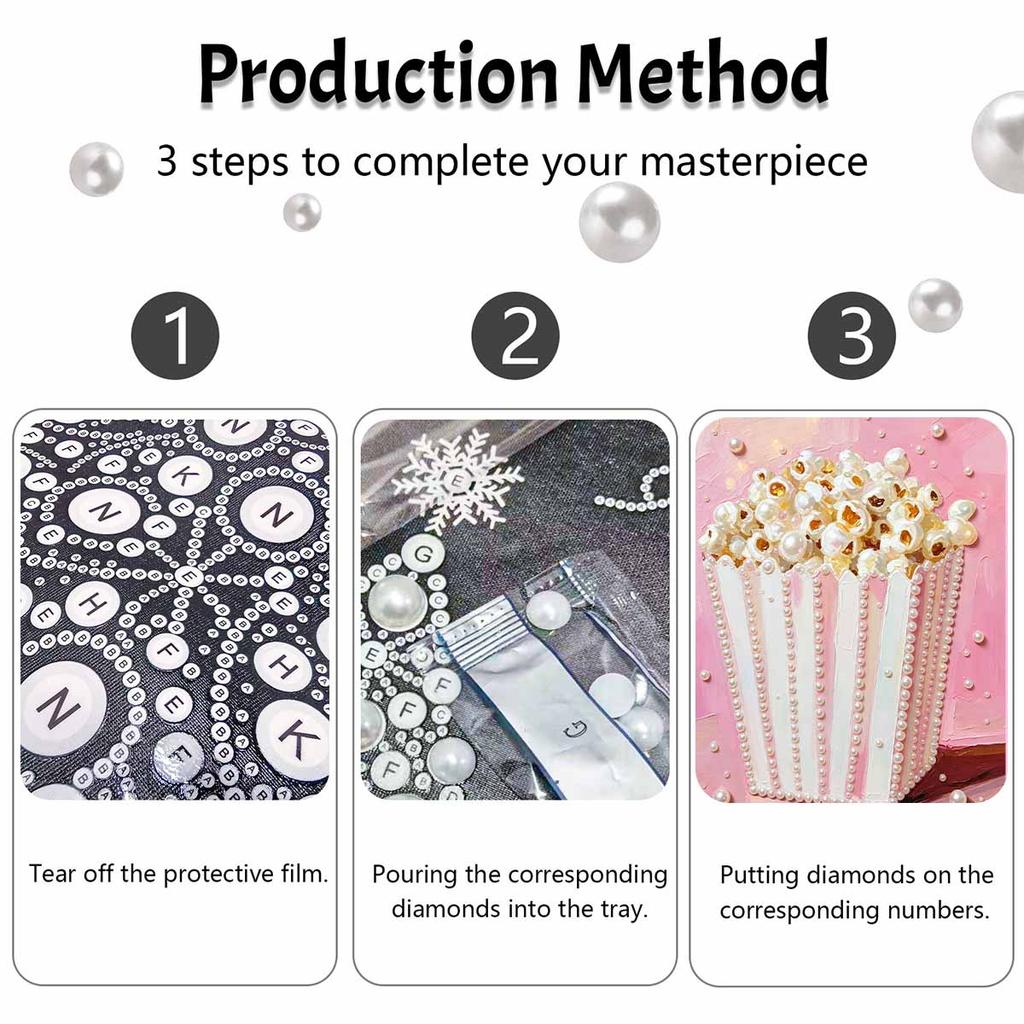 Pink Popcorn Bucket Pearl Art Painting with Frame Shiny Bead Canvas Creative Leisure Craft for Modern Wall Decor Gift Home Decoration