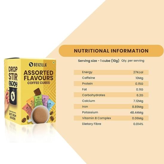 Bevzilla 10 Assorted Instant Coffee Cubes Pack with Date Palm Jaggery, 4 Flavours, Arabica Coffee, Zero Refined Sugar | Enjoy Hot & Cold